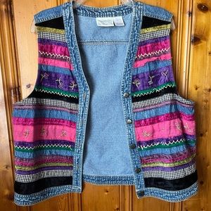 Susan Bristol Casuals Vintage Blue Jean Denim Vest Size Large Color Patchwork 90